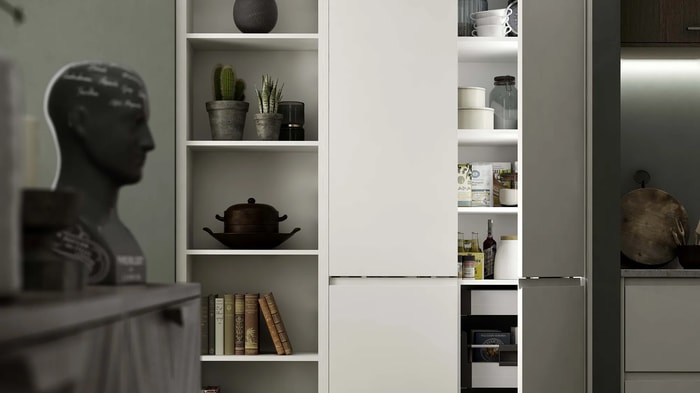 Open larder in a Camden Dove Grey Kitchen