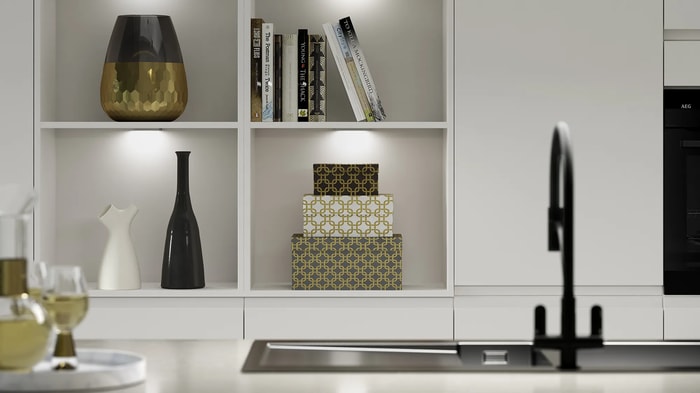Open shelving units in a Camden Dove Grey Kitchen