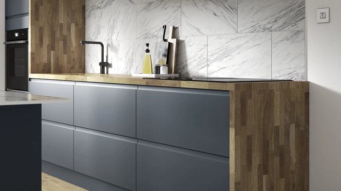 Waterfall worktop in a Camden Midnight Kitchen