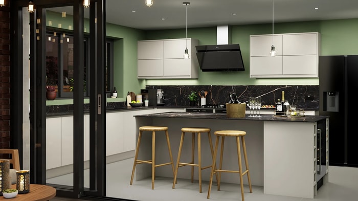 Camden Pebble Kitchen with an island
