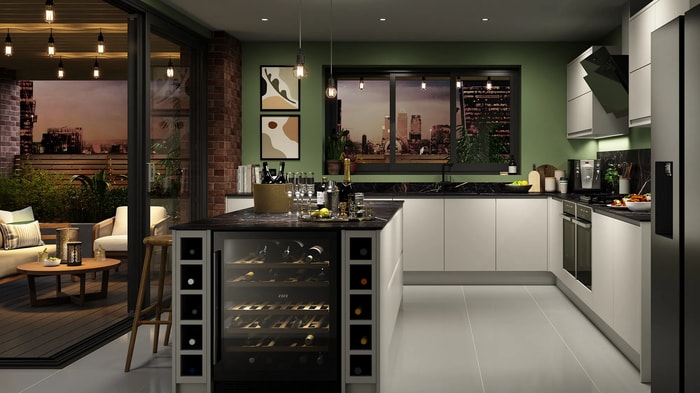 Camden Pebble Kitchen with an island