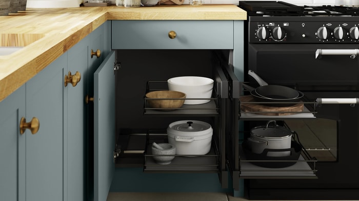 Magic corner storage in a Chester Cloudy Blue Kitchen
