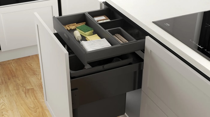 A open drawer above the recycling bin in an Intelliga Chester Grey Kitchen