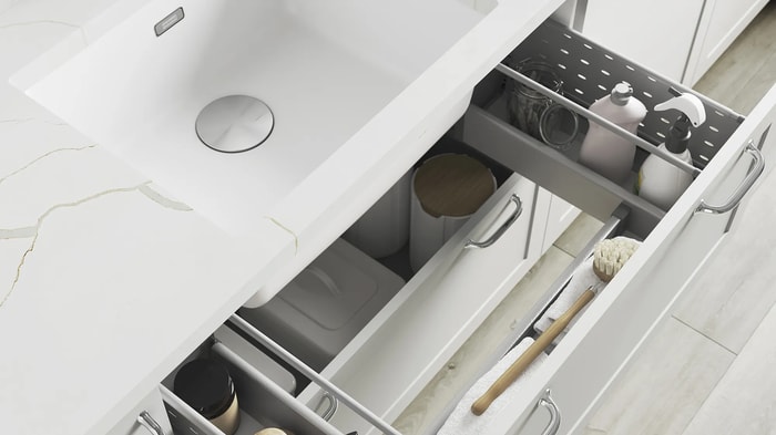 Under sink drawer in a Chester Grey Kitchen