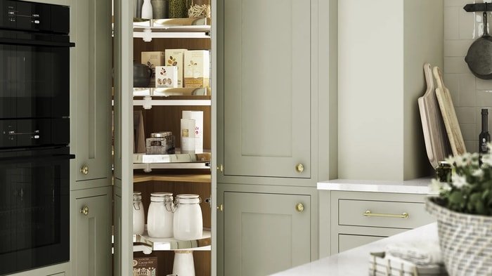 Corner larder in a Heritage Sage Kitchen