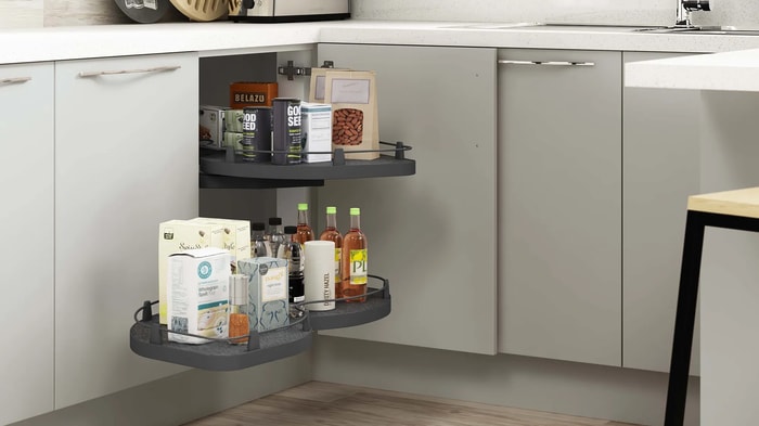 Corner unit with storage shelves in a Melrose Dove Grey Kitchen