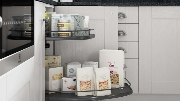 Corner unit storage in a Milton Grey Kitchen