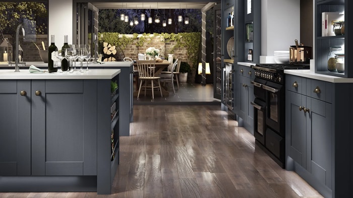 Milton Midnight Kitchen that leads out onto a patio
