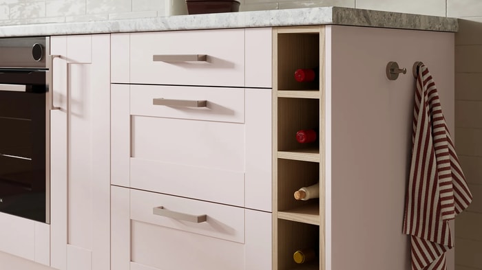 Ohio Dusky Pink Kitchen units with a wine rack