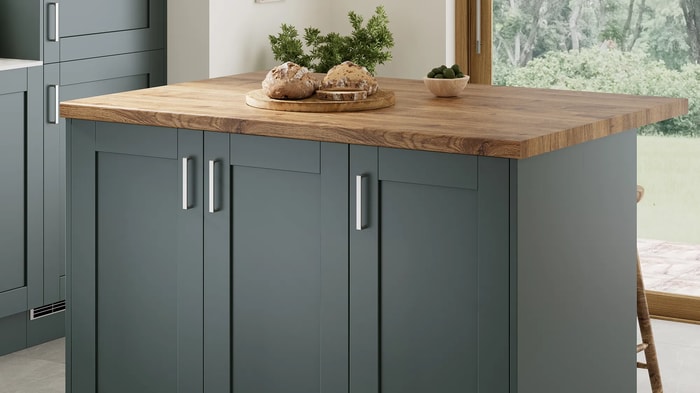 Ohio Forest Green Kitchen units with a solid wood worktop