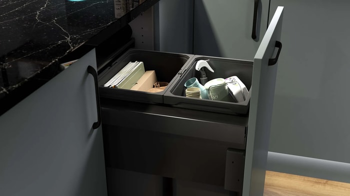 Recycling bin in a Sandford Cloudy Blue Kitchen