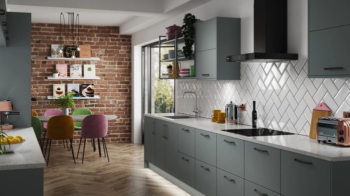 Sandford Cloudy Blue Kitchen with white wall tiles