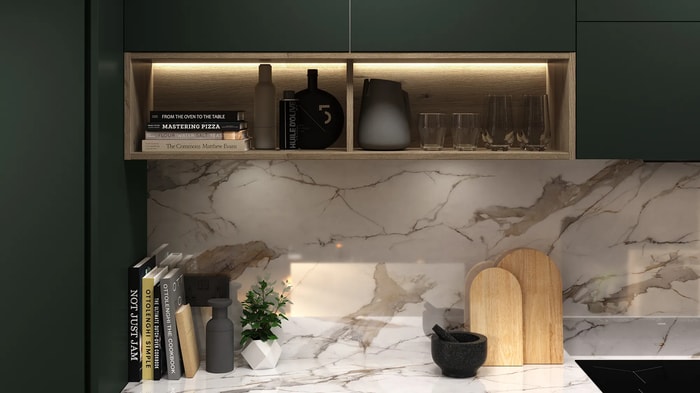 Open shelving in a Sandford Forest Green Kitchen