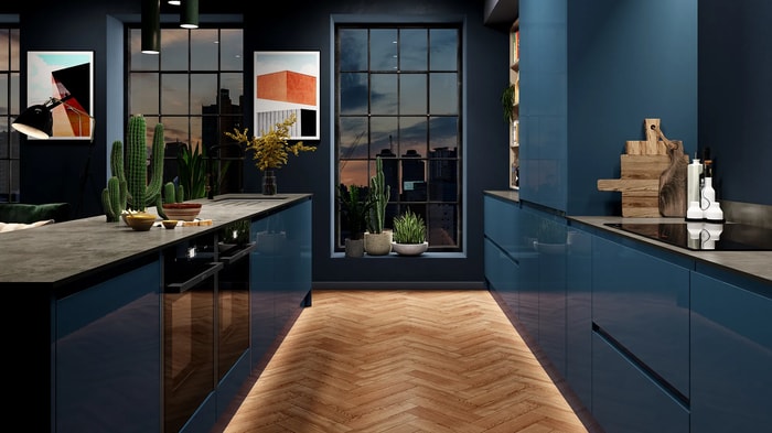 Sofia Marine Blue Kitchen with integrated ovens