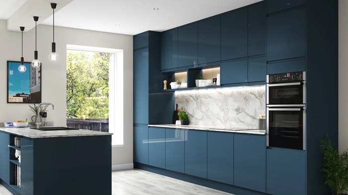 Sofia Marine Blue Kitchen overlooking a garden