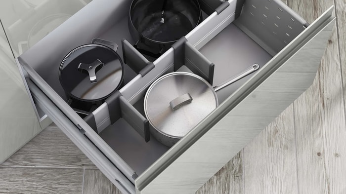 Pan drawer in a Sofia Pewter Kitchen