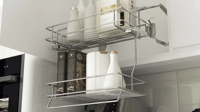 Pulldown storage in a Sofia White Kitchen
