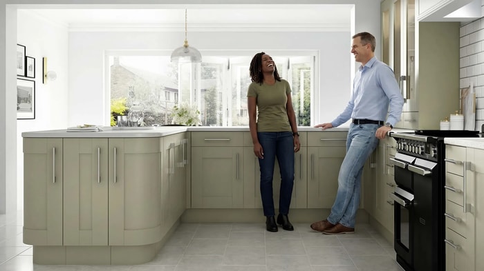 Tiverton Sage Kitchen with a view out into the garden