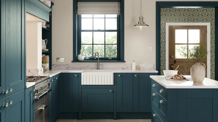 Tiverton Twilight Kitchen with a sink and tap placed under the window
